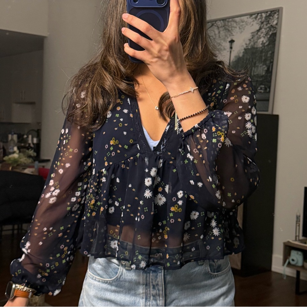 Urban Outfitters Floral Sheer Navy Blouse